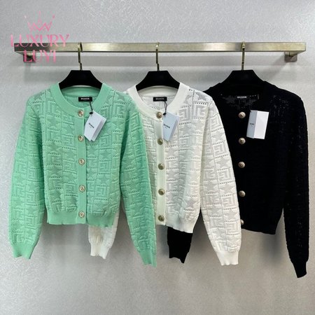 Balmain Jacquard Weave Round Collar Cardigan Sweater