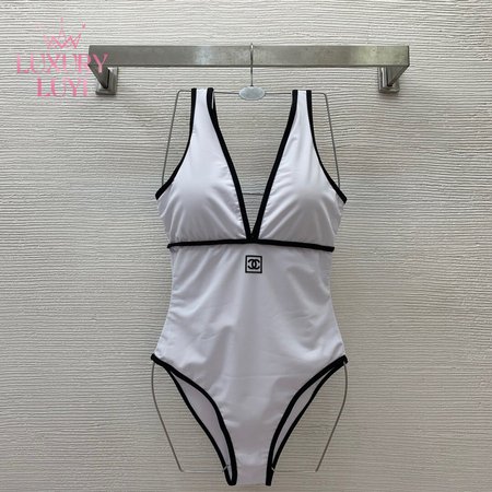 Chanel White V-Neck One-Piece Swimsuit