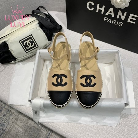 Chanel Women's CC Cap Toe Ankle Strap Espadrilles Leather