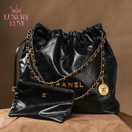 Chanel 22 Large Bag Shiny Calfskin & Gold Black