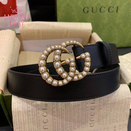 Gucci Leather Belt With Pearl Double G Buckle