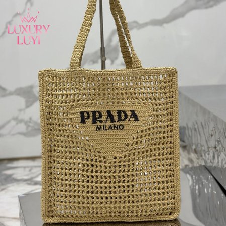 Prada Logo-Print Raffia Tote