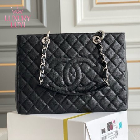 Chanel GST Black Quilted Caviar Leather Silver-Tone Hardware