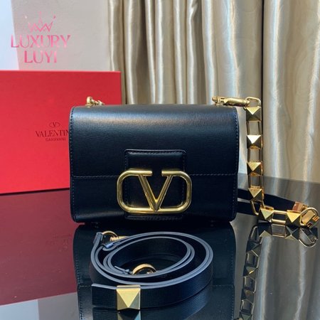 Valentino Garavani Stud VLOGO Grainy Calfskin Shoulder Bag in Black