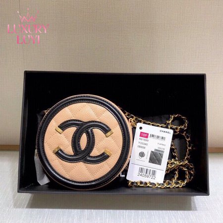 Chanel Caviar Quilted Round Filigree Crossbody Beige Black