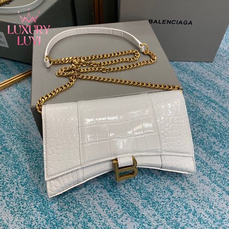 Balenciaga Hourglass Wallet On Chain Crocodile Embossed In White 9016