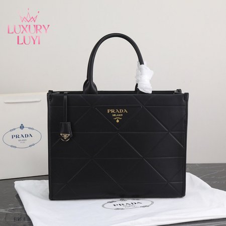 Large Leather Prada Symbole Bag With Topstitching Black 1BA377