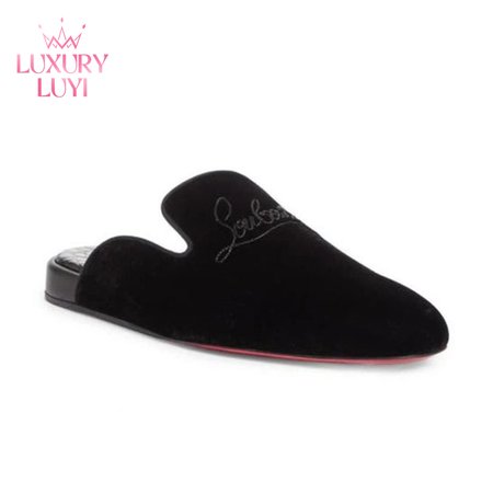 Christian Louboutin Navy Coolito Flat Black Velvet Backless Slide