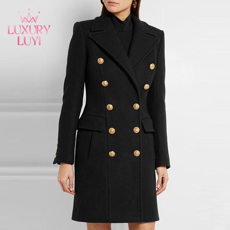 Balmain Black Double Breasted Gold Button Wool Coat