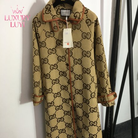 Gucci G Jacquard Letter Leather-Bound Mid-Length Trench Coat