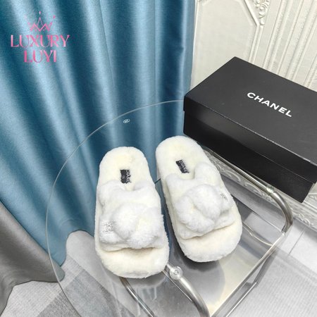 Chanel Women's Cross Band Slippers Fuzzy Slippers