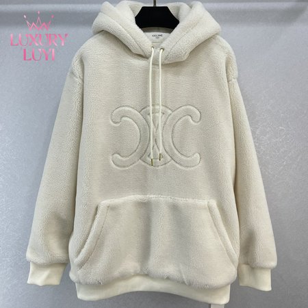 Celine Oversized Triomphe Hoodie In Fleece Off White S-L