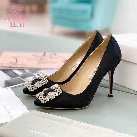 Manolo Blahnik Hangisi Black Satin Jewel Buckle Pumps 35-39