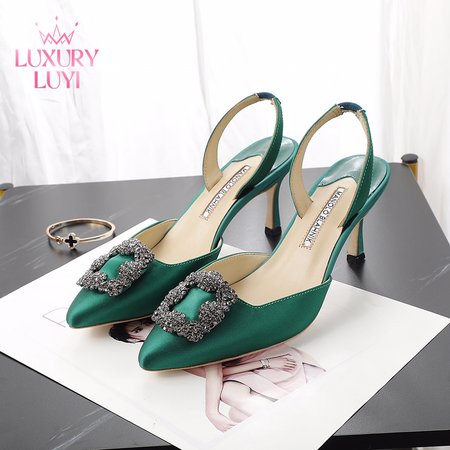 Manolo Blahnik Green Satin Jewel Buckle Slingback Pumps 35-42